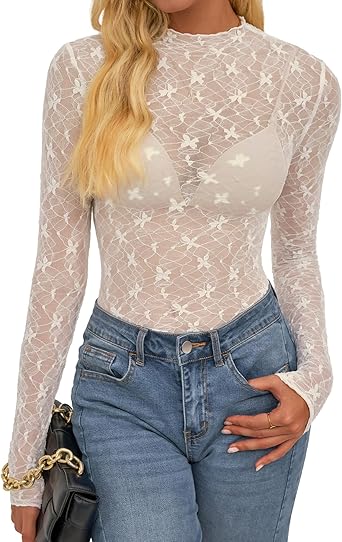 BTFBM Lace Tops for Women 2025 See Through Mesh Top Crew Neck Long Sleeve Fitted Sheer Party Club Outfits Fall Fashion