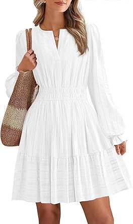 BTFBM Mini Dresses for Women 2025 Casual Lightweight Long Sleeve V Neck A Line Elastic Waist Party Holiday Dress