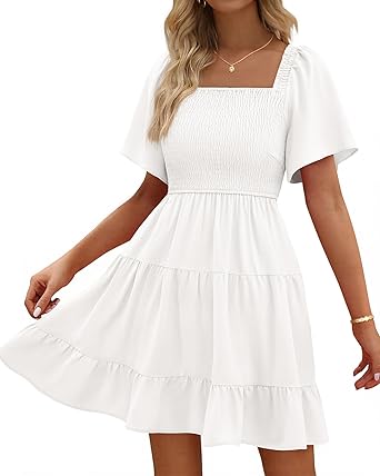 BTFBM Womens Summer Smocked Mini Dress Spring Square Neck Flutter Sleeve Casual Ruffle Swing Boho Beach Dresses Pockets