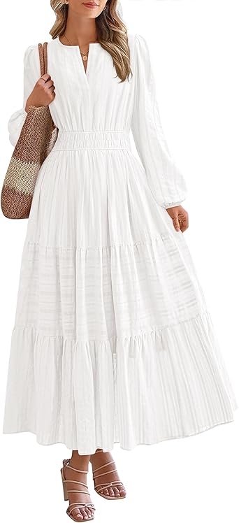 BTFBM Fall Dresses for Women 2025 Casual Long Sleeve V Neck Elastic Waist Lightweight Maxi Wedding Guest Dress Pockets