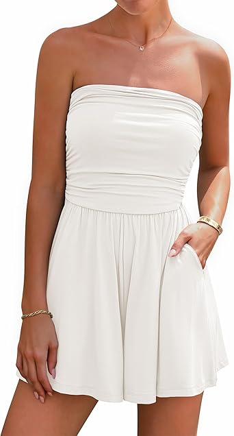 BTFBM Womens Romper 2026 Spring Summer Strapless Tube Tops Beach Vacation Clothes Boho Loose Shorts Jumpsuits Pockets