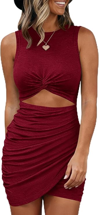 BTFBM Women 2026 Summer Dresses Sleeveless Casual Crewneck Bodycon Cutout Twist Slim Wrap Club Party Beach Mini Dress