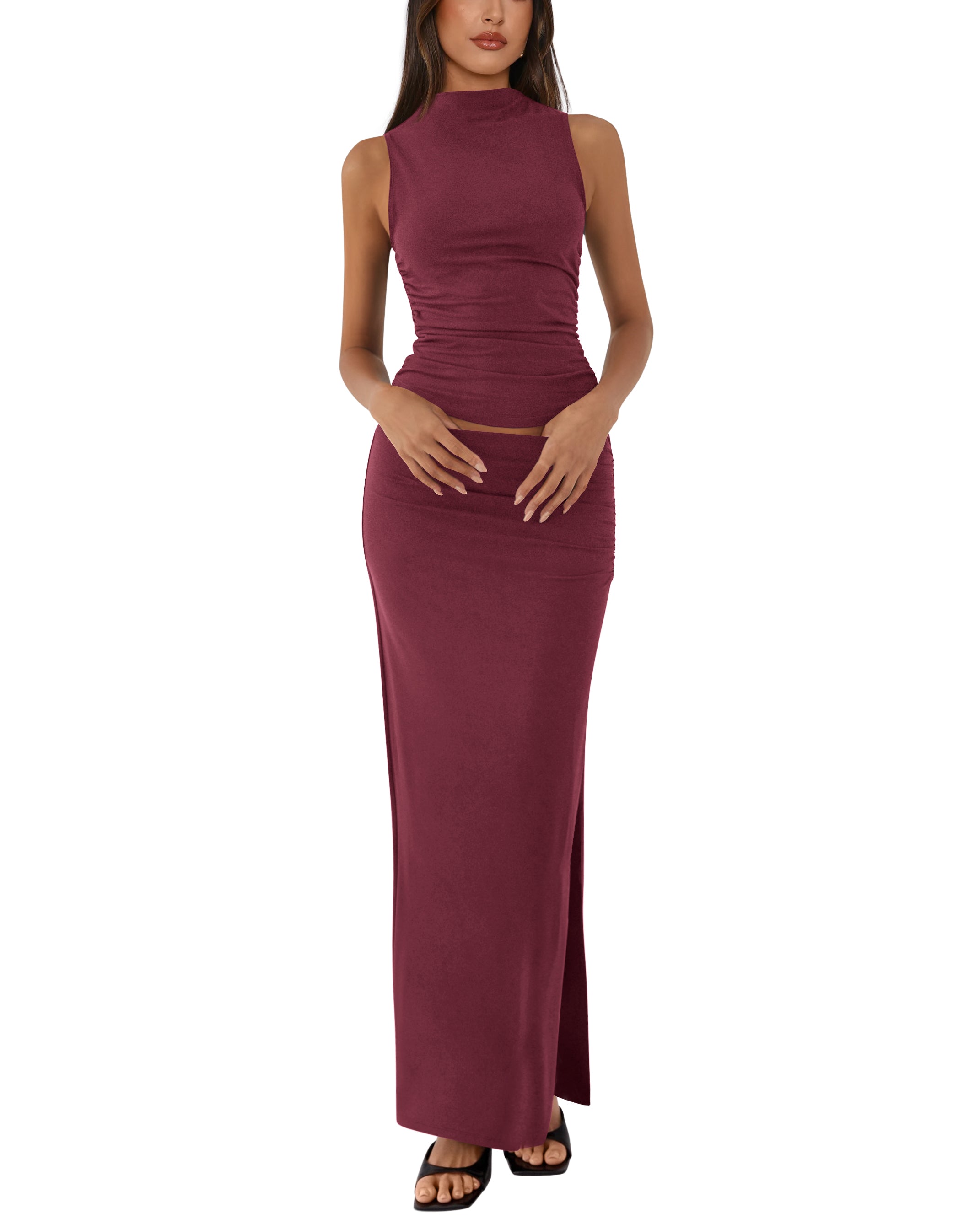 BTFBM Womens Two Piece Outfits Summer Lightweight 2026 Mock Neck Sleeveless Knit Tops Maxi Skirt Set Going Out Dress