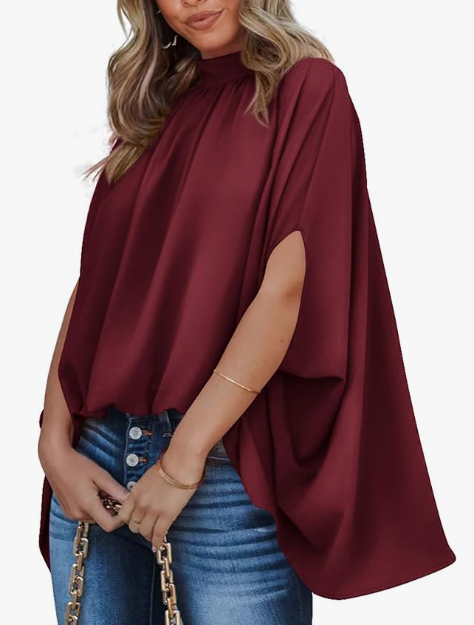 BTFBM Womens Summer Tops 2026 Mock Neck Batwing Sleeve Silk Satin Shirts Loose Oversized Dressy Casual Spring Blouses