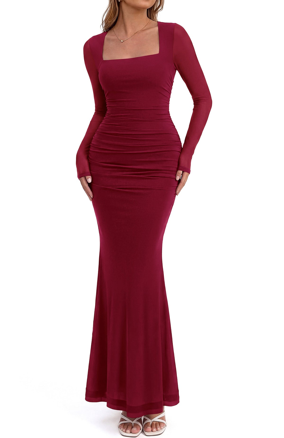 BTFBM Women's Maxi Dresses Fall 2026 Long Sleeve Ruched Bodycon Dress Square Neck Cocktail Party Wedding Guest Dresses