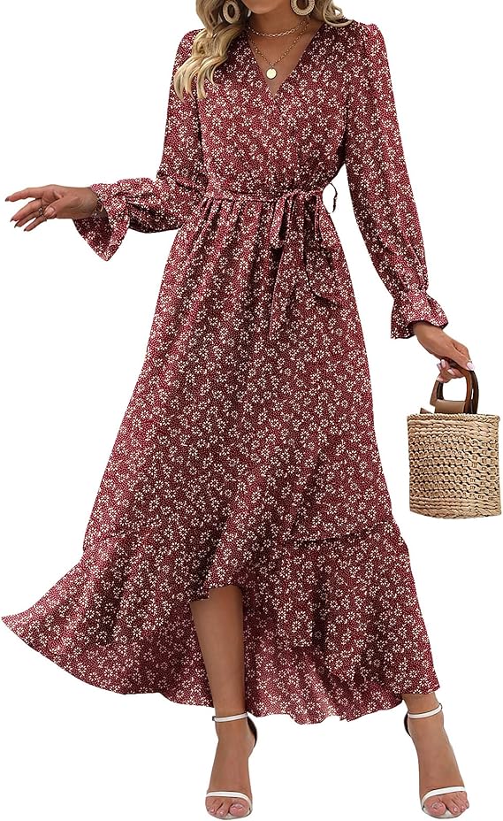 BTFBM Womens Dresses Summer 2026 V Neck Floral High Waist Ruffle Wedding Guest Cocktail Boho Spring Long Sleeve Dress
