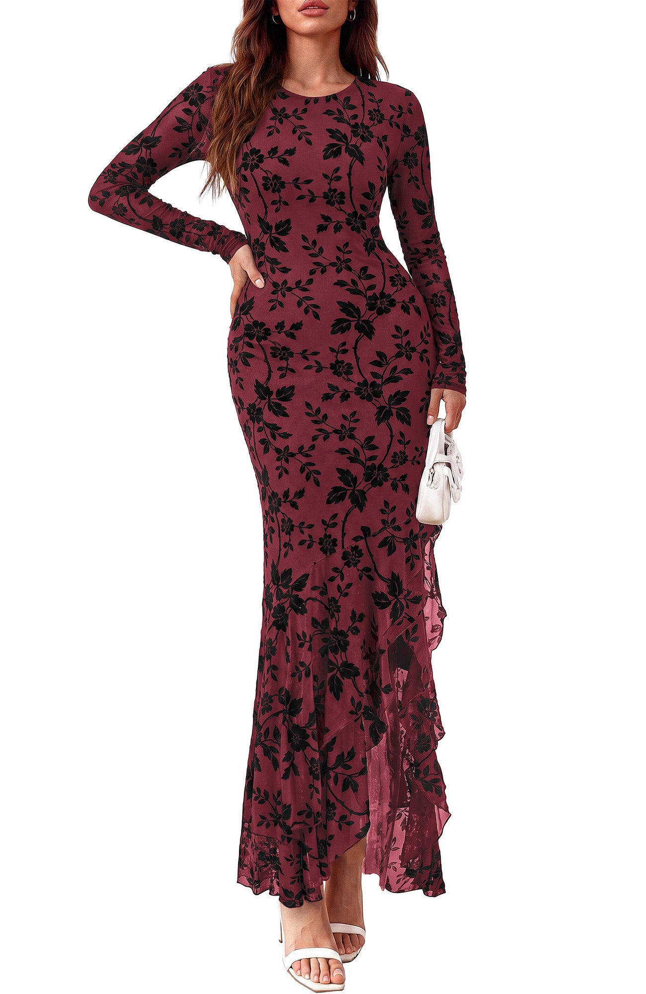 BTFBM Fall Dresses for Women 2026 Long Sleeve Cocktail Dress | Crew Neck,Split Side,Bodycon,Floral,Wedding Guest Dresses,Homecoming,Party,Prom,Brides,Beach Vacation Clothes