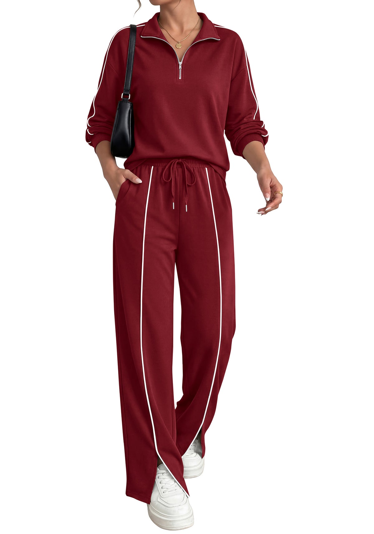 BTFBM Two Piece Sets for Women Fall Fashion 2026 Long Sleeve Half Zip Lounge Set Wide Leg Pants Vacation Airport Outfits