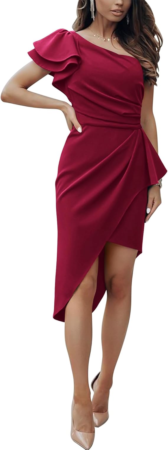 BTFBM Women 2026 Summer Fashion Elegant One Shoulder Cocktail Dress Ruffle Sleeve Wrap Ruched Bodycon Short Party Dresses