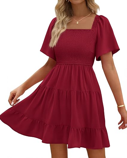 BTFBM Dresses Women Square Neck Ruffle Sleeve Smocked Short Dress  Casual Flared Short Sleeve,Two Side Pockets,A Line,High Waist,Flutter Summer Dress For Women,Swing Boho Beach Dress