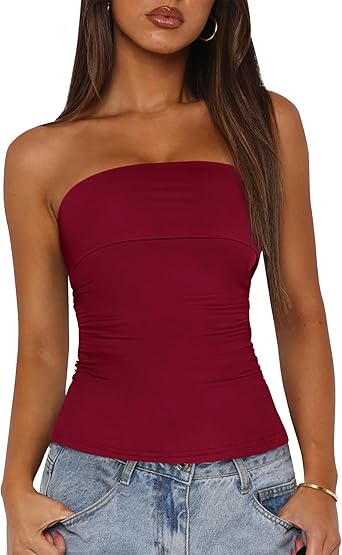 BTFBM Womens Strapless Tube Tops Spring Summer Clothes 2026 Trendy Casual Ruched Stretchy Going Out Bodycon Bandeau Top