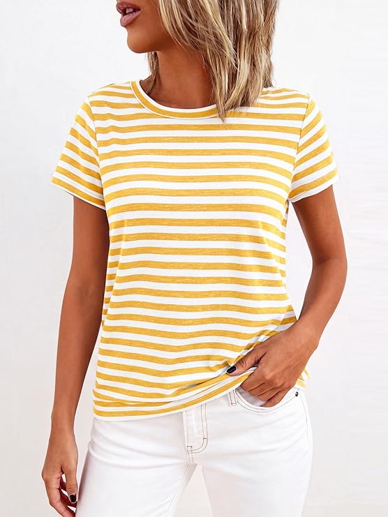 BTFBM Tops for Women Trendy Summer 2026 Crew Neck Short Sleeve T Shirts Striped Casual Vacation Blouse Loose Basic Tee