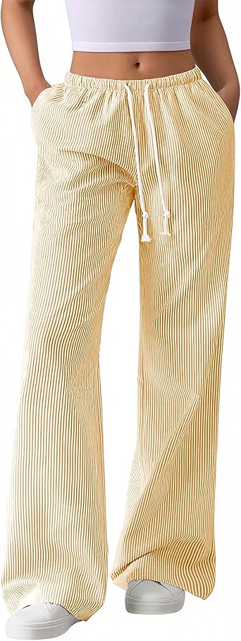 BTFBM Striped Wide Leg Pants for Women Spring Summer 2026 Drawstring Lounge PJ Beach Bottoms Casual Trousers Pockets