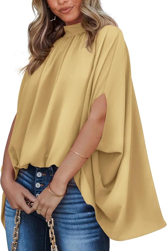 BTFBM Womens Summer Tops 2026 Mock Neck Batwing Sleeve Silk Satin Shirts Loose Oversized Dressy Casual Spring Blouses