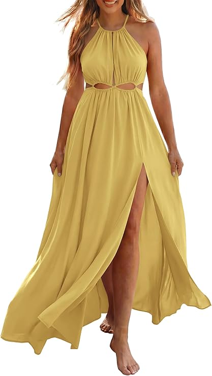 BTFBM Women Halter Summer Dresses 2026 Sleeveless Cutout Backless Sundress Slit Boho Maxi Beach Wedding Guest Dress
