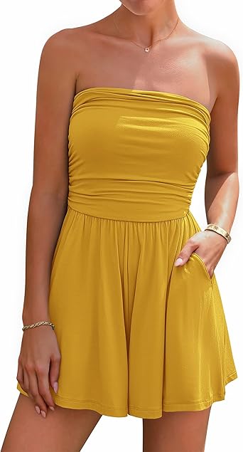 BTFBM Womens Romper 2026 Spring Summer Strapless Tube Tops Beach Vacation Clothes Boho Loose Shorts Jumpsuits Pockets