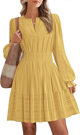 BTFBM Mini Dresses for Women 2025 Casual Lightweight Long Sleeve V Neck A Line Elastic Waist Party Holiday Dress