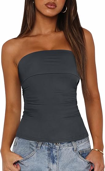 BTFBM Womens Strapless Tube Tops Spring Summer Clothes 2026 Trendy Casual Ruched Stretchy Going Out Bodycon Bandeau Top